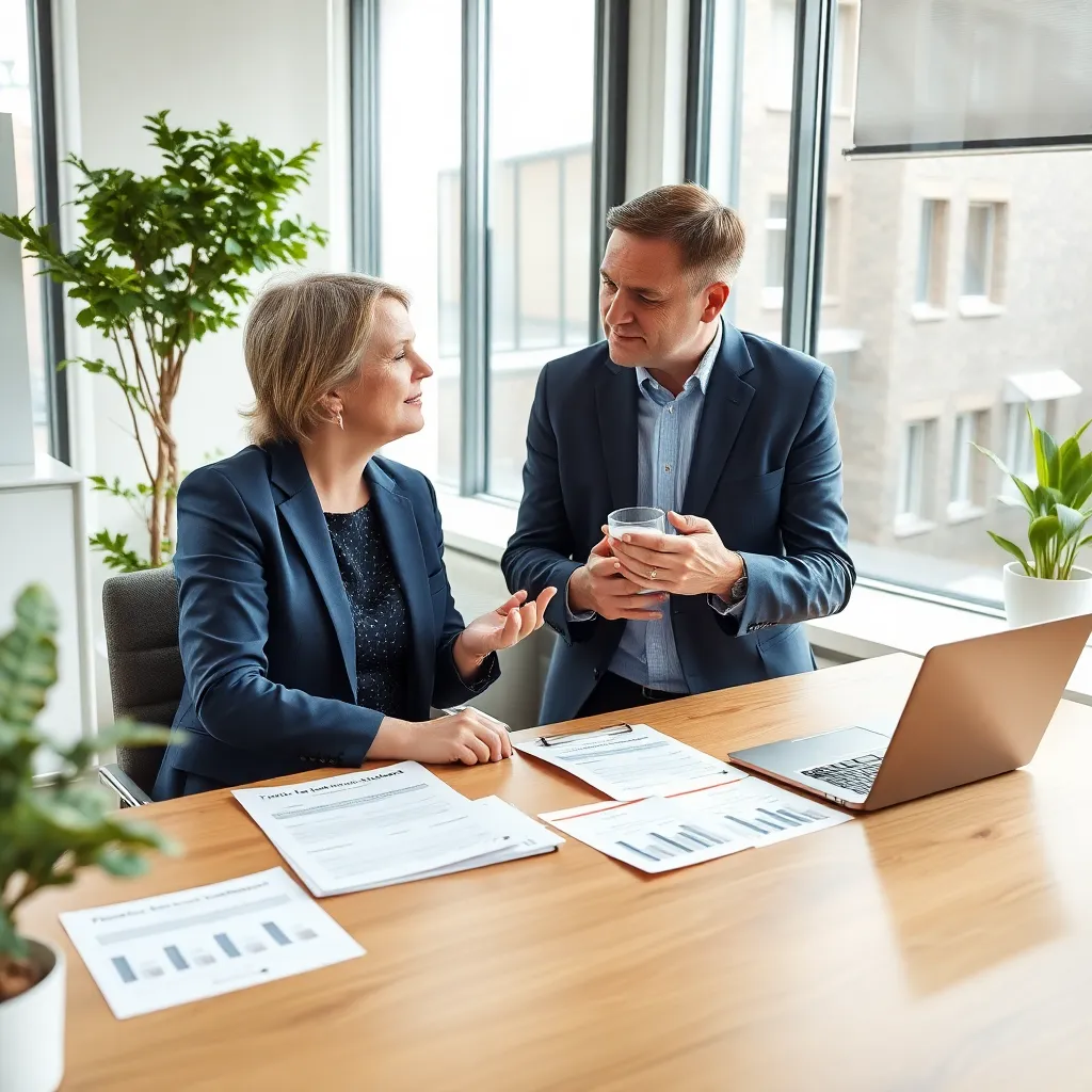 Vrouw onderhandelt over salaris met manager in modern kantoor