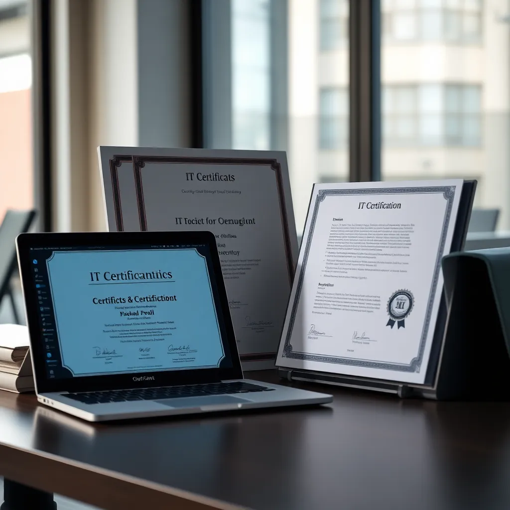 Professional IT certificeringen en diploma's naast een laptop met code op het scherm